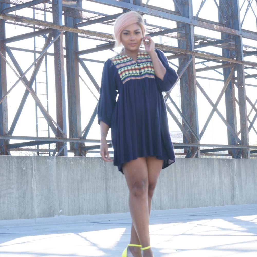 Umgee M blue tunic with Aztec details